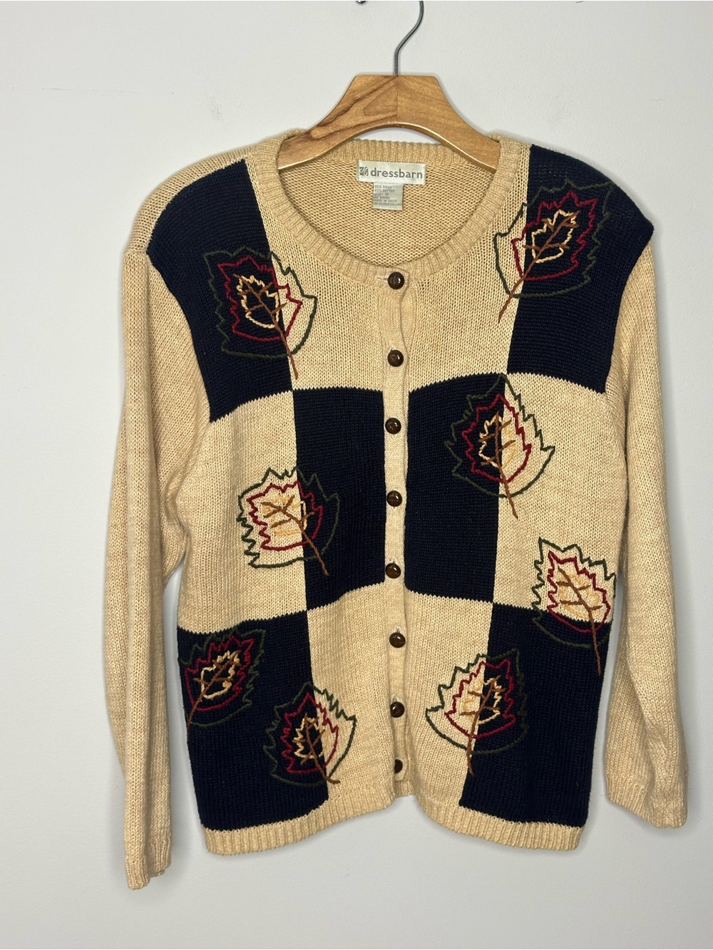 dressbarn Beige and Navy Leaf-Pattern Cardigan Sweater Sz S ramie/cotton